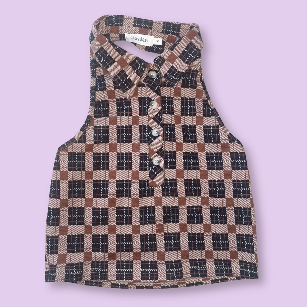 Hoyden Plaid Sleeveless Vest Button up Top - Brown and Black